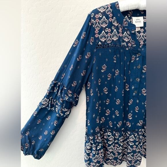 KNOX ROSE | Blue Boho Floral Peasant Blouse Long Sleeve Ruffle Hem | Size Small - Picture 3 of 6